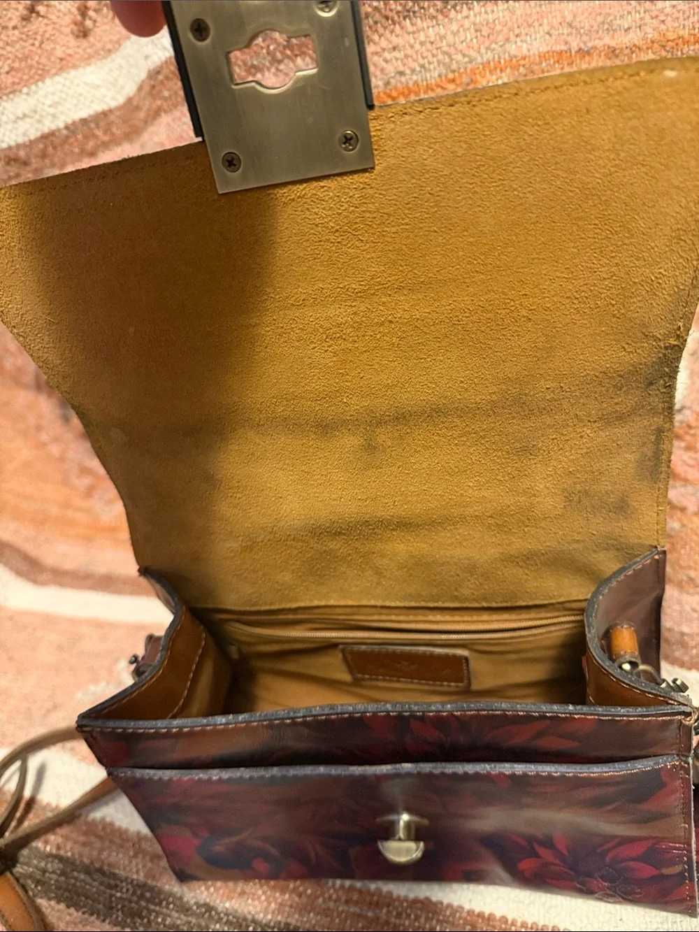 Patricia Nash Leather Chauny Poppy Red Forest Tan Print on All Sides